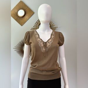 Elie Tahari - Brown Crochet-Accent Blouse